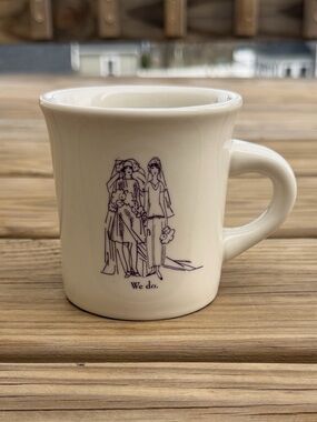 New Fishs Eddy White Ceramic “We Do." Two Brides Coffee Mug By Jason Oranzo